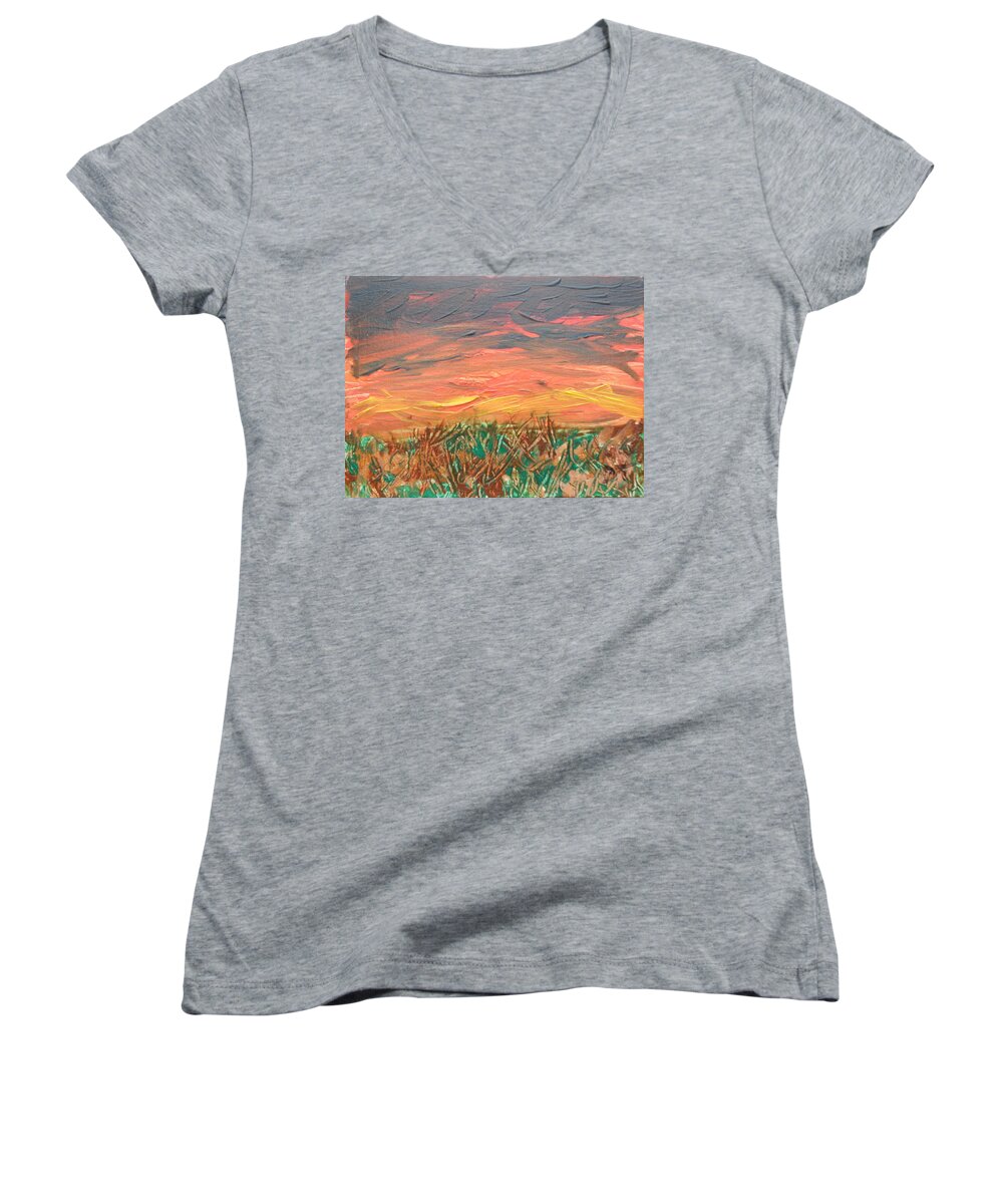 Sunset Women's V-Neck featuring the painting Grassland Sunset by David Trotter