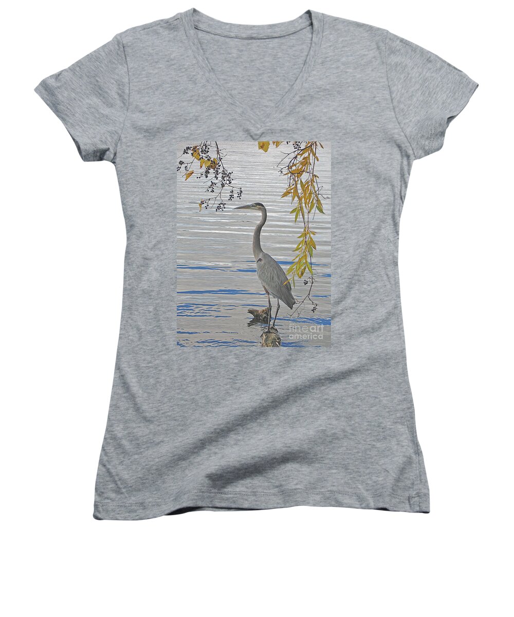 Heron Women's V-Neck featuring the photograph Great Blue Heron by Ann Horn