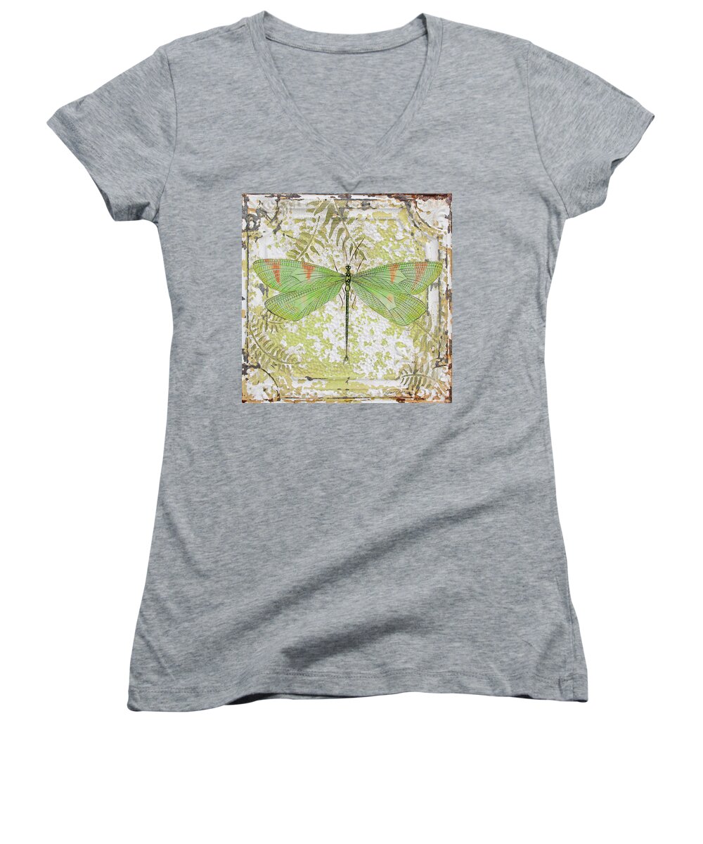 Acrylic Painting Women's V-Neck featuring the painting Green Dragonfly on Vintage Tin by Jean Plout