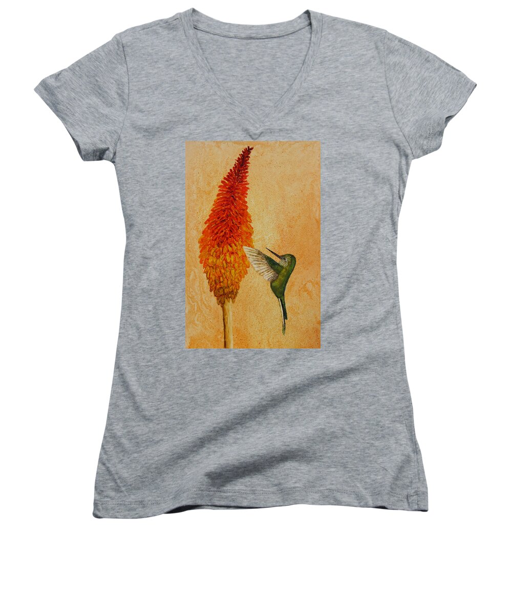 Hummingbird Women's V-Neck featuring the painting Green Tailed Trainbearer Hummingbird by Patricia Beebe