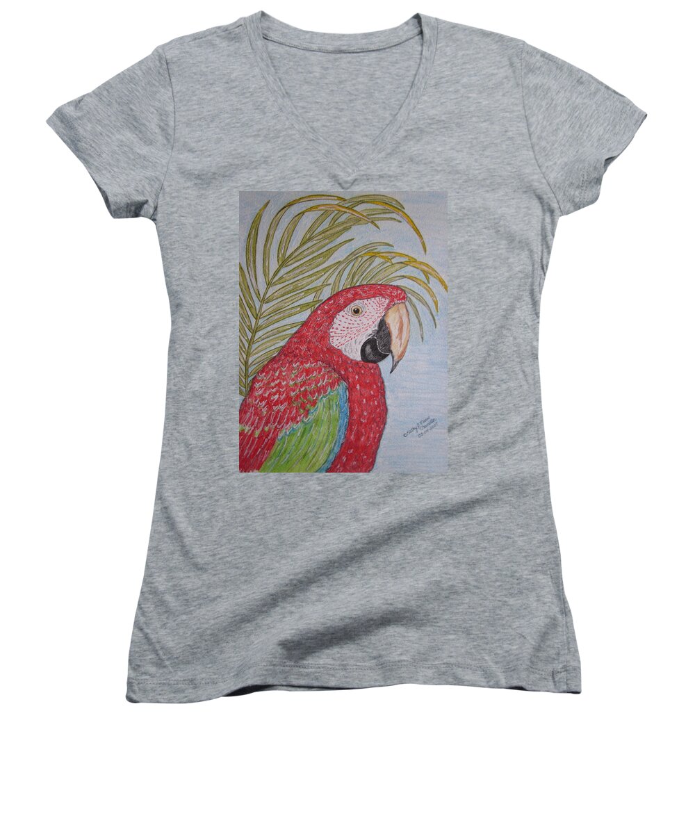 Green Wing Macaw Women's V-Neck featuring the painting Green Winged Macaw by Kathy Marrs Chandler