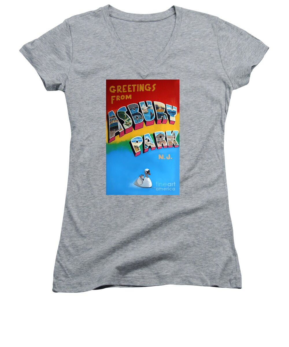 Asbury Park Women's V-Neck featuring the photograph Greetings from Asbury Park by Melinda Saminski