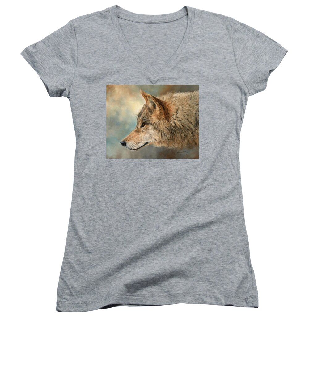 Wolf Women's V-Neck featuring the painting Grey Wolf 3 by David Stribbling