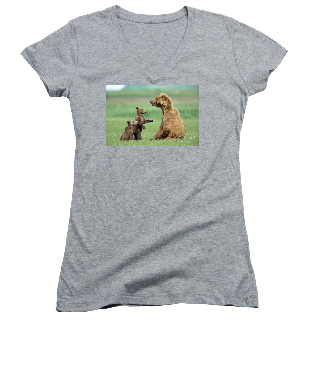 00345262 Women's V-Neck featuring the photograph Grizzly Cubs with Mother by Yva Momatiuk and John Eastcott