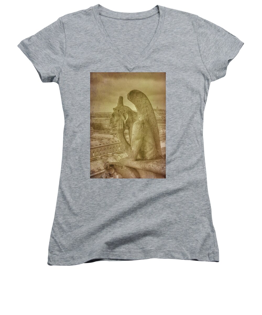 Paris Notre Dame Gargoyle Grotesque Women's V-Neck featuring the photograph Grotesque from Notre Dame by Michael Kirk