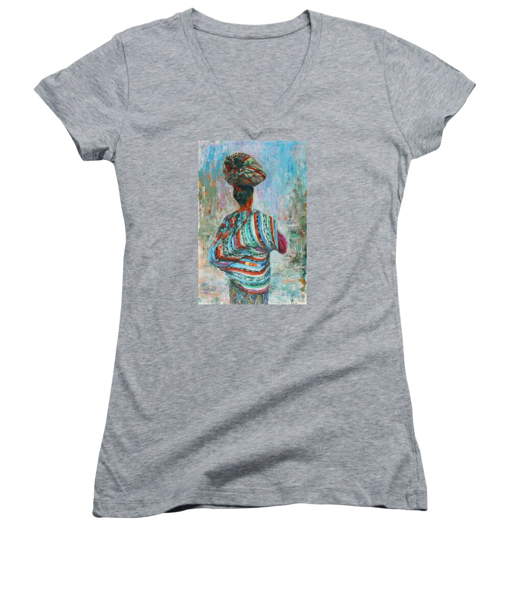 Figurative Women's V-Neck featuring the painting Guatemala Impression I by Xueling Zou