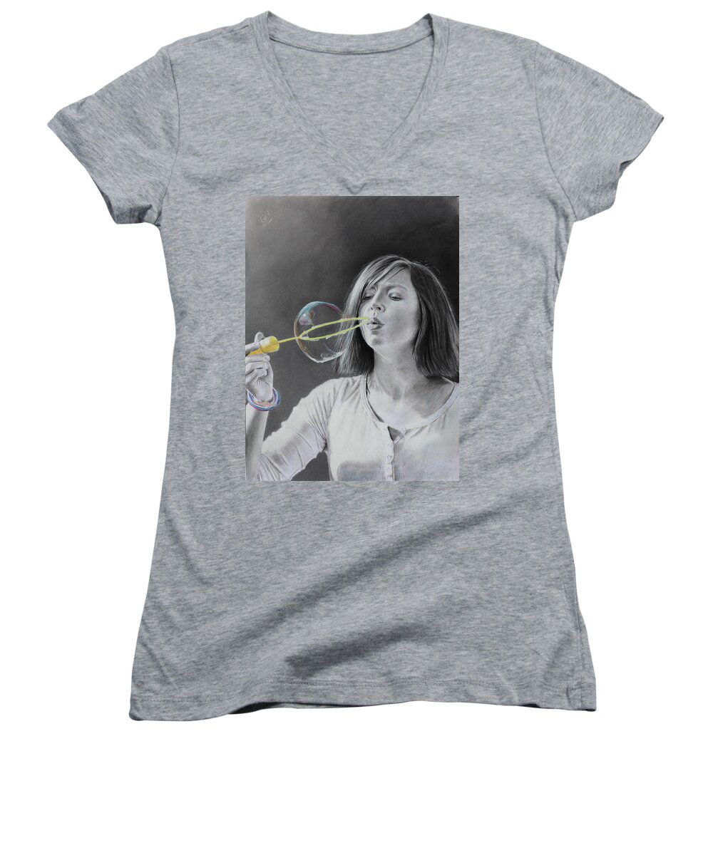 Haley Women's V-Neck featuring the drawing Bubble Girl by Glenn Beasley