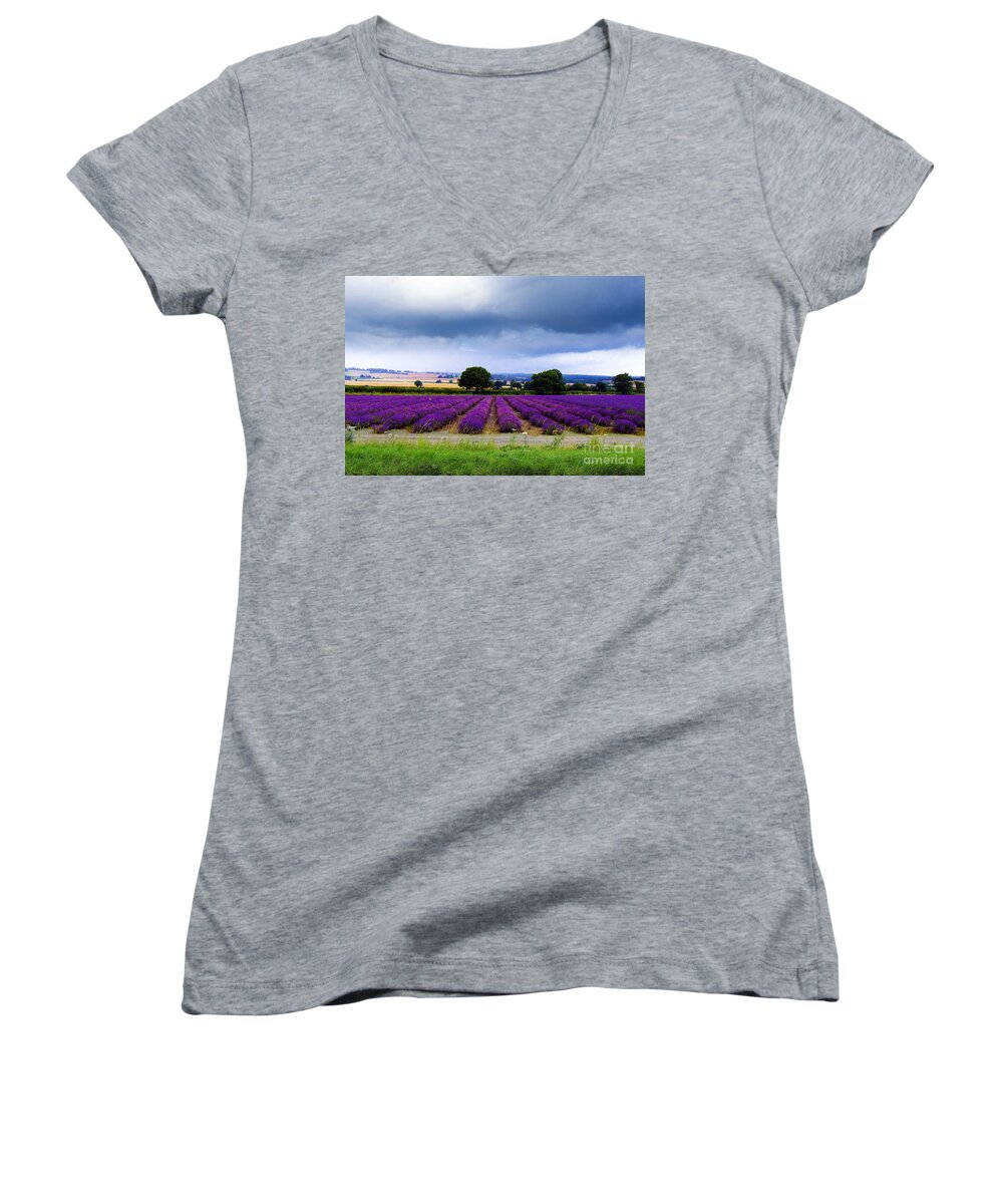 Lavender Field Women's V-Neck featuring the photograph Hampshire Lavender Field by Terri Waters