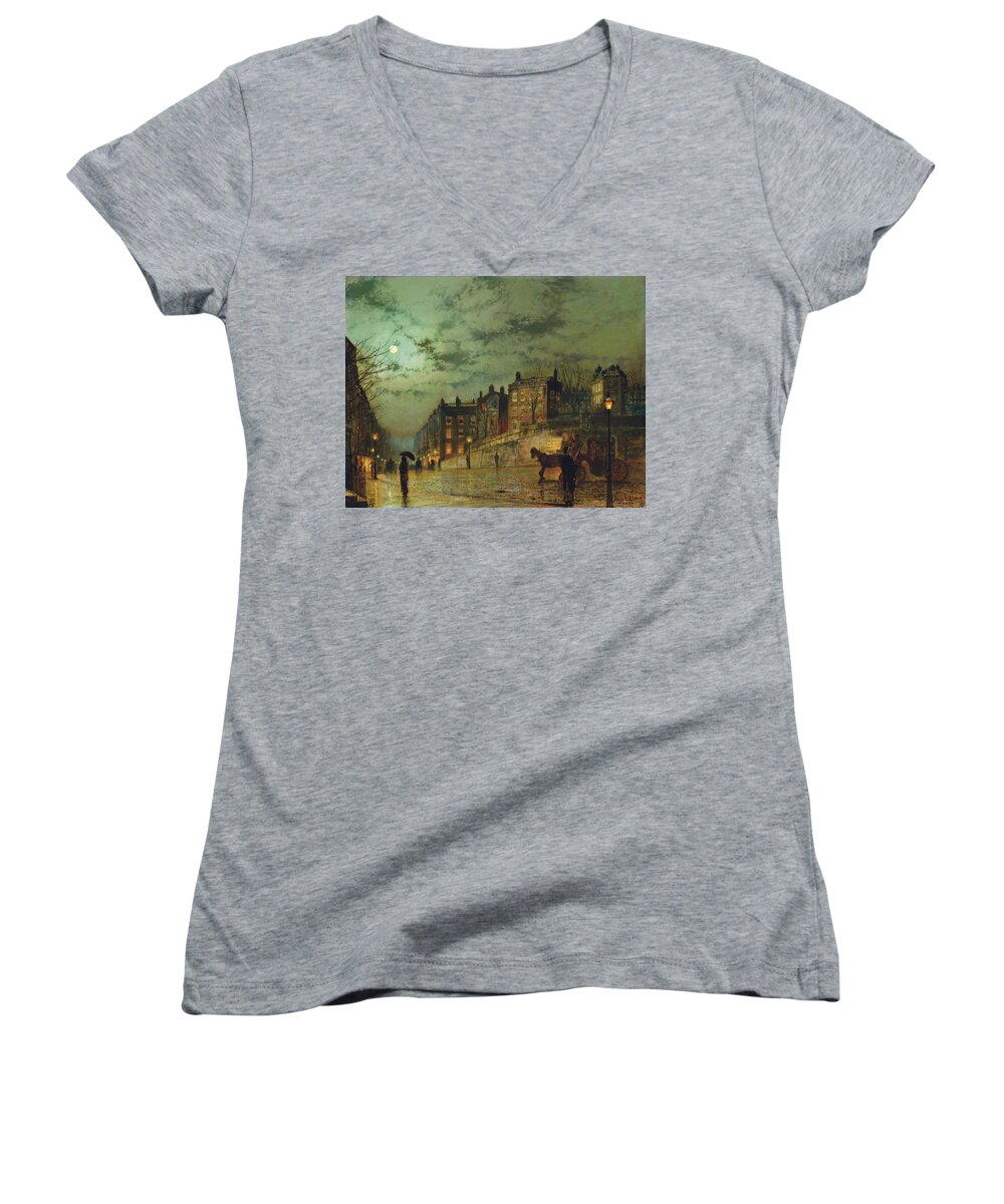 Grimshaw Women's V-Neck featuring the painting Hampstead Hill, Looking Down Heath Street, 1881 by John Atkinson Grimshaw
