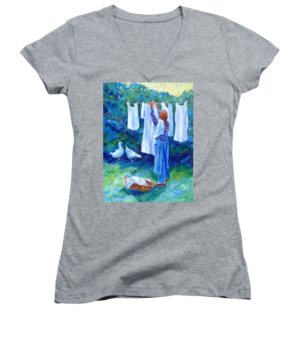 White Linen Women's V-Neck featuring the painting Hanging the Whites by Trudi Doyle