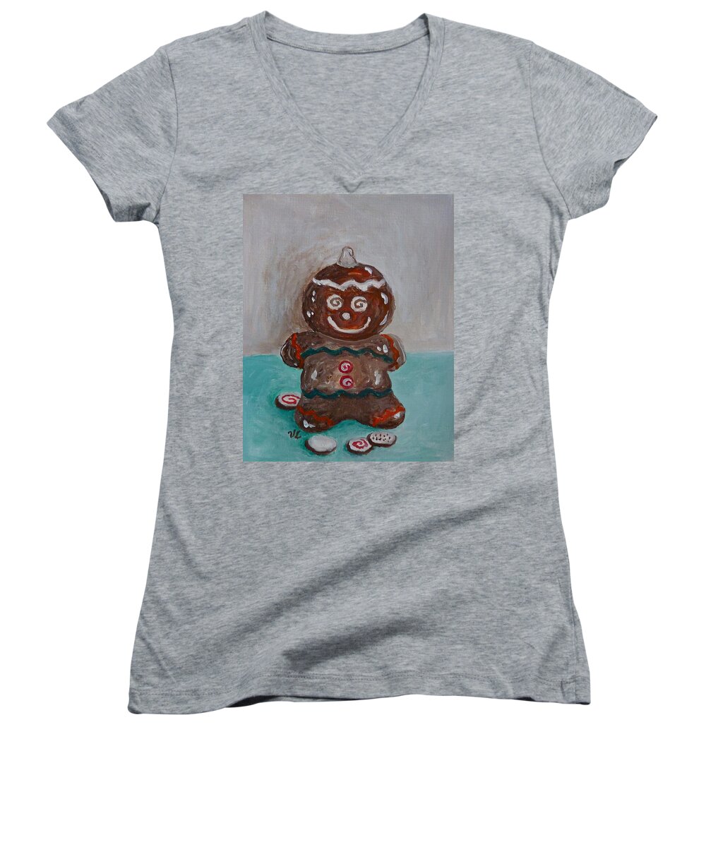 Gingerbread Women's V-Neck featuring the photograph Happy Gingerbread Man by Victoria Lakes