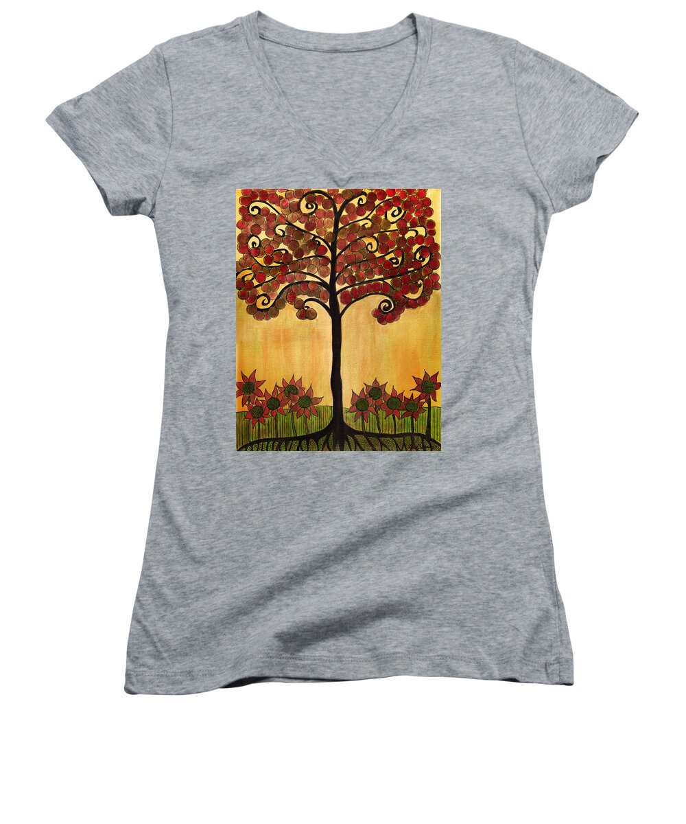 Tree Women's V-Neck featuring the painting Happy Tree In Red by Lee Owenby