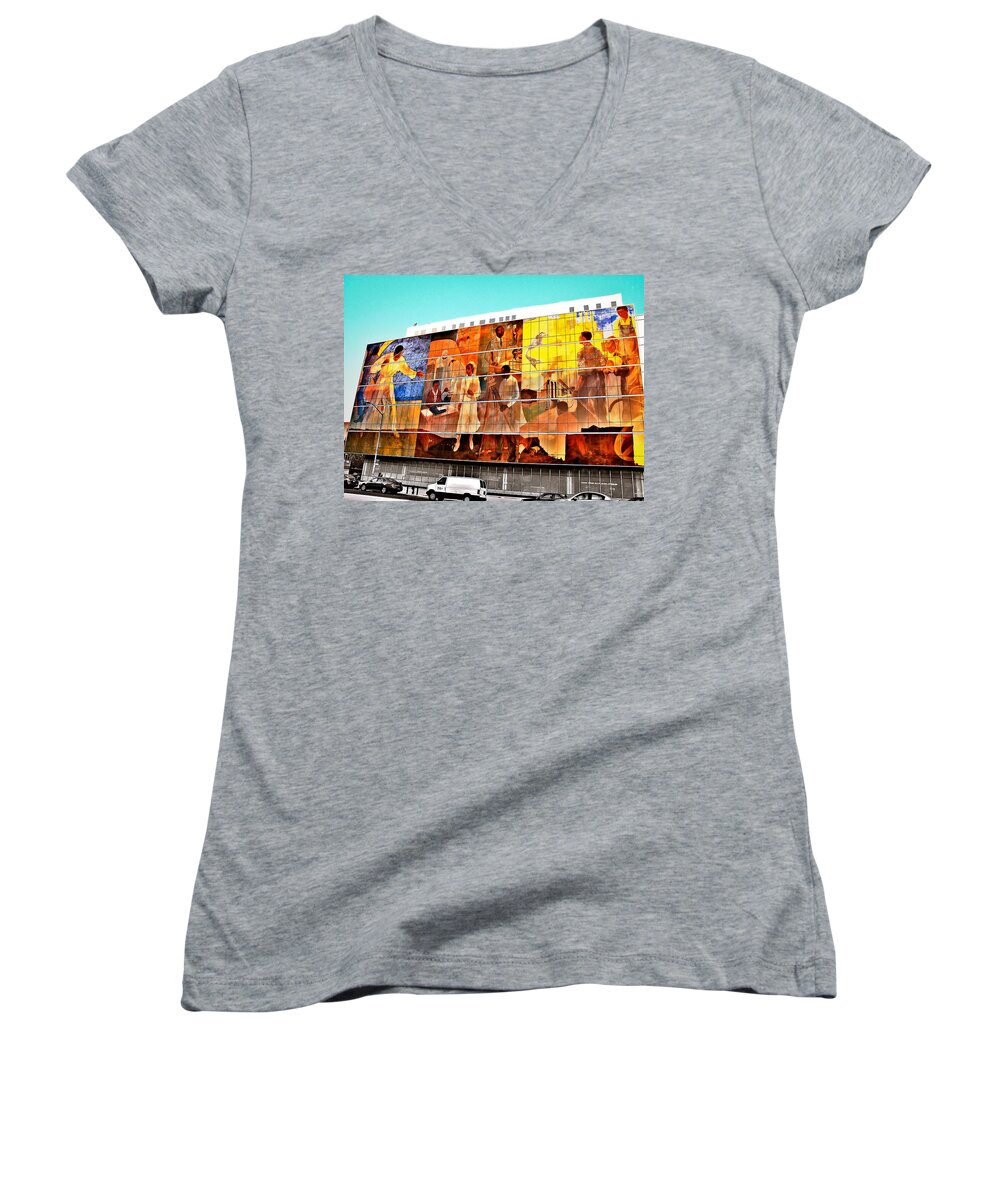 Harlem Women's V-Neck featuring the mixed media Harlem Hospital Mural by Terry Wallace