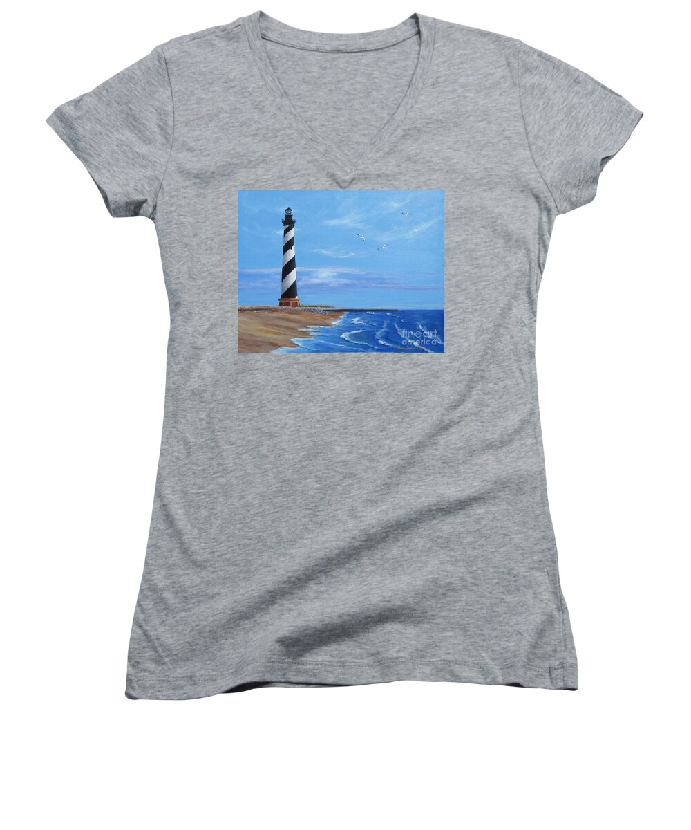 Hatteras Women's V-Neck featuring the painting Hatteras Light by Anne Marie Brown