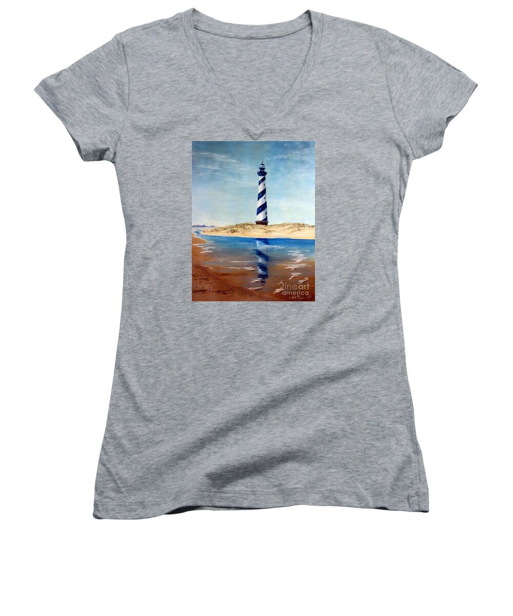 Lighthouse Painting Women's V-Neck featuring the painting Hatteras Lighthouse by Lee Piper