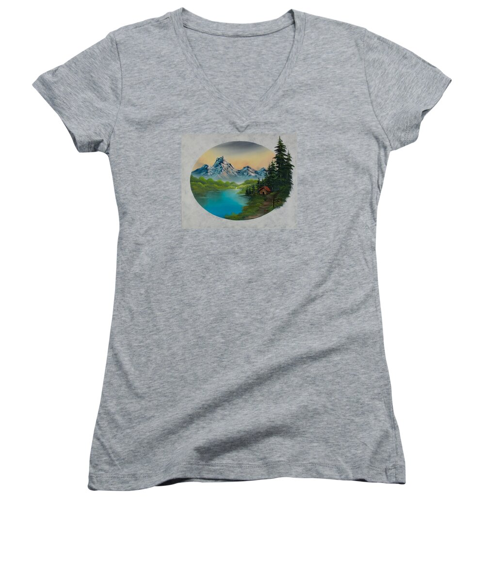 Landscape Women's V-Neck featuring the painting Cabin in the Valley by Chris Steele