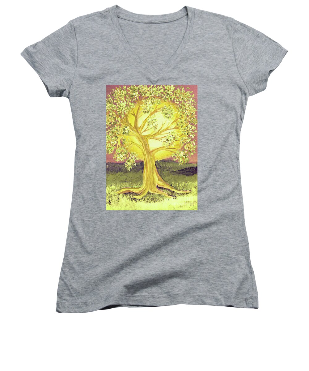 First Star Women's V-Neck featuring the painting Heart of Gold Tree by jrr by First Star Art