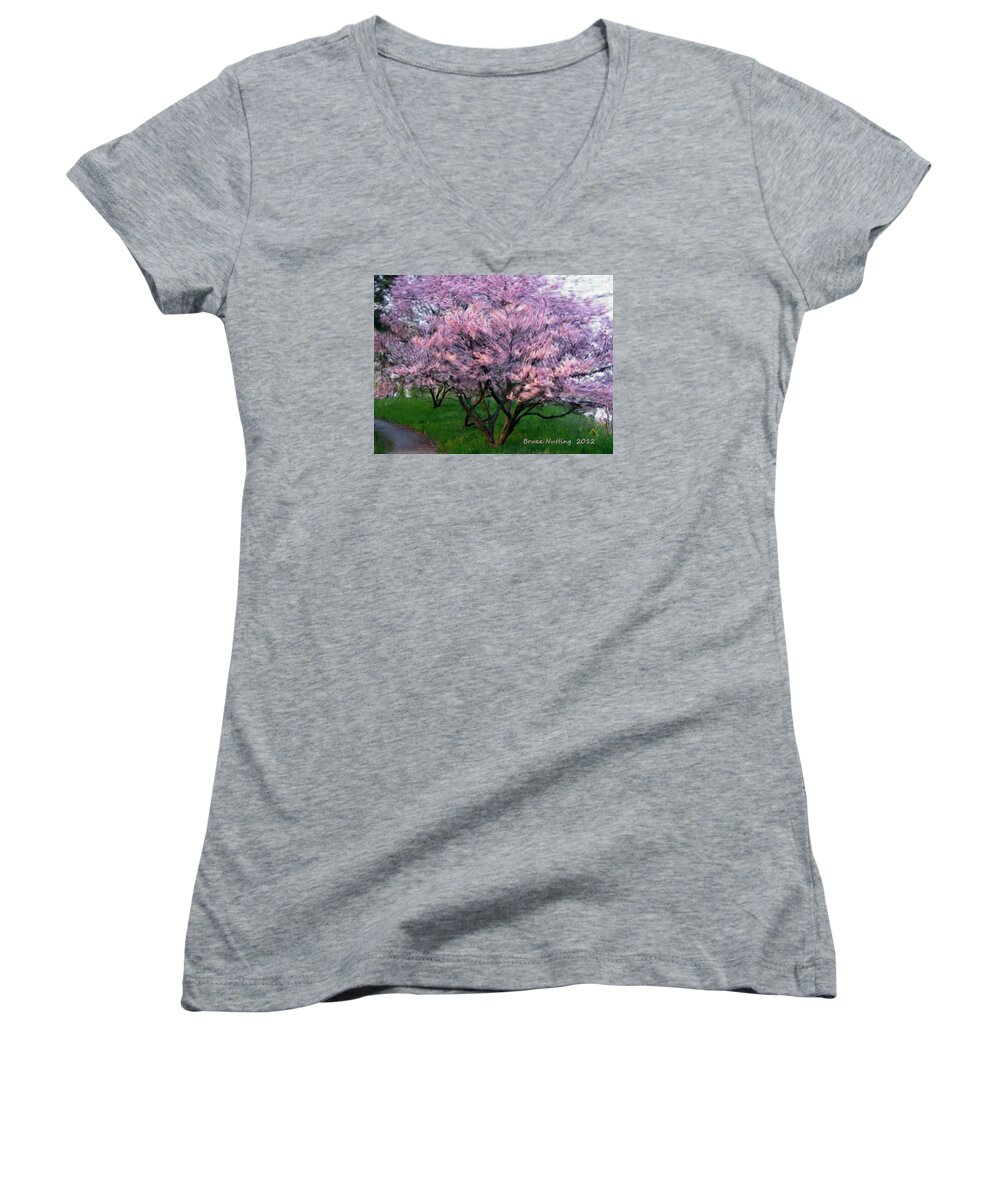 Tree Women's V-Neck featuring the painting Heartfelt Cherry Blossoms by Bruce Nutting