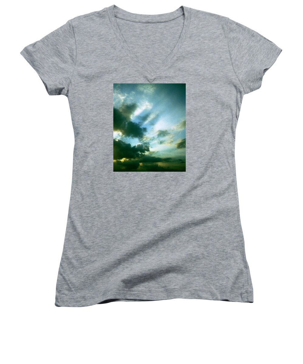 #sunset #stormy #sky #many #clouds #shades #shadows #beams #rays #golden Women's V-Neck featuring the photograph Golden Heavenly Rays by Belinda Lee