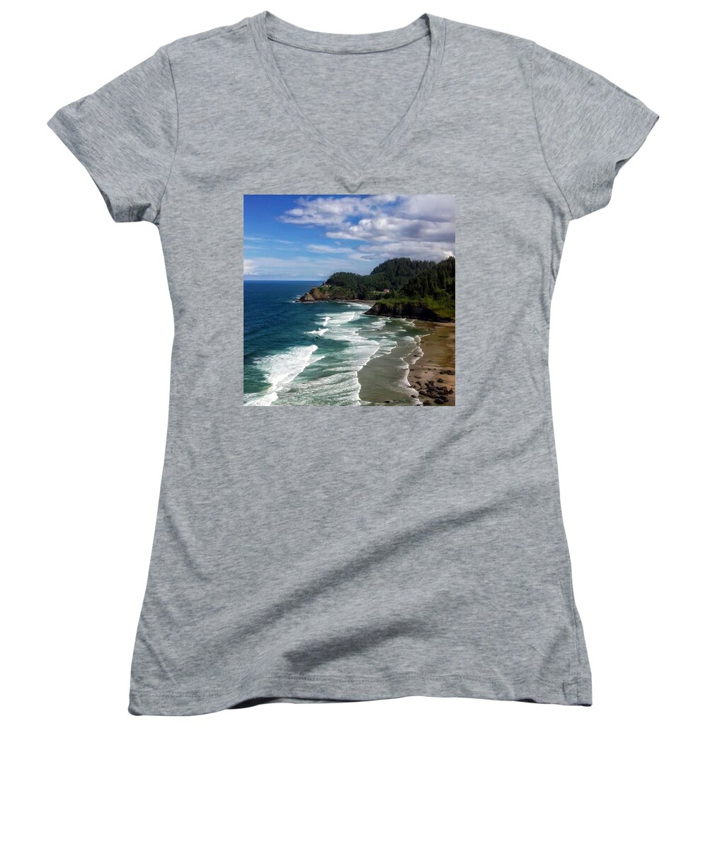 Lighthouse Women's V-Neck featuring the photograph Heceta Head by Darren White