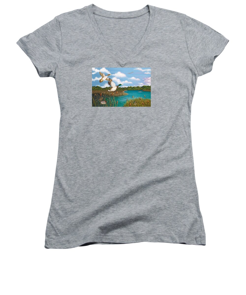 Print Women's V-Neck featuring the painting Hiding Out by Katherine Young-Beck