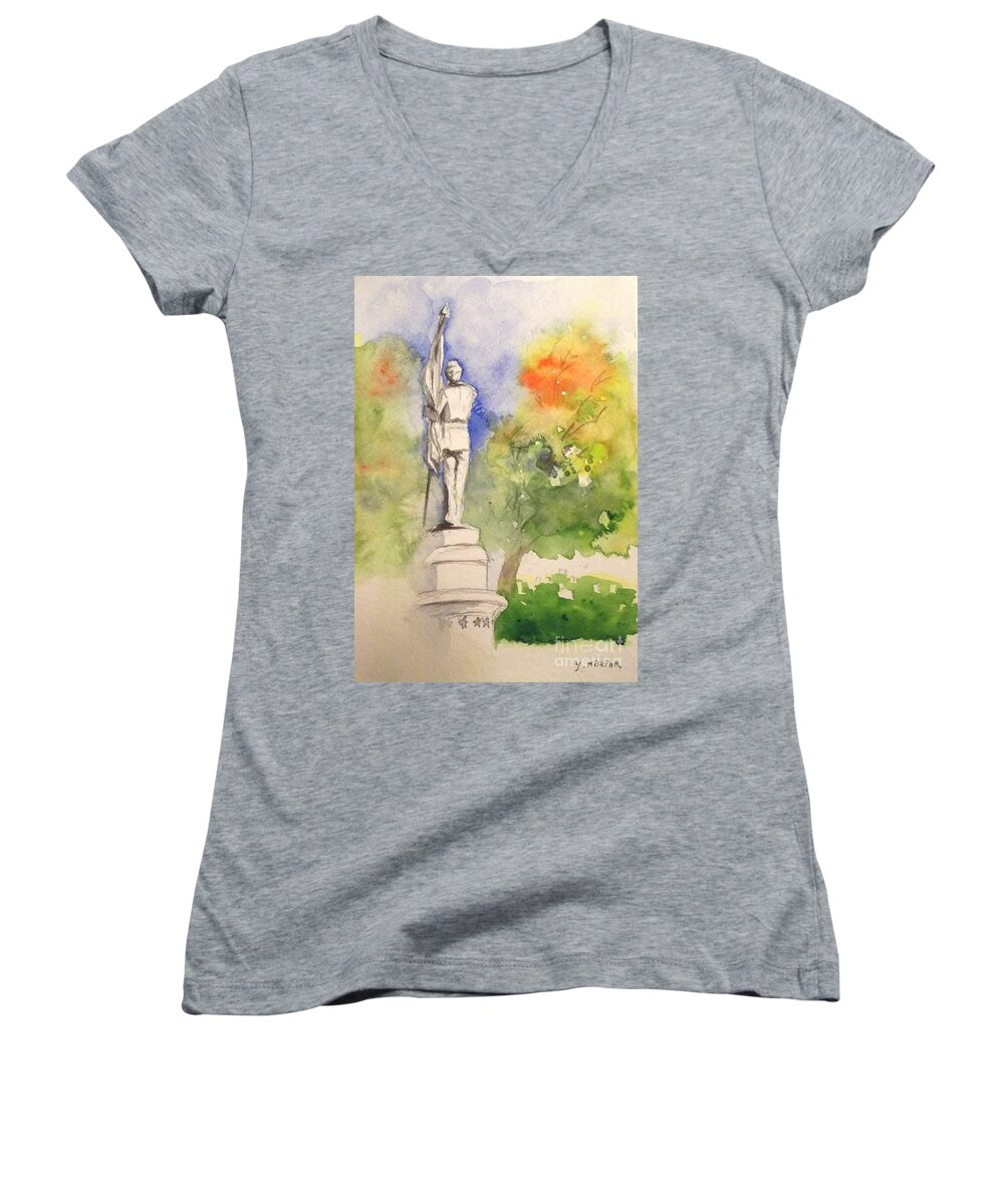 Landscape Women's V-Neck featuring the painting Highland Cemetery-plein air-Ypsilanti Michigan 1 by Yoshiko Mishina