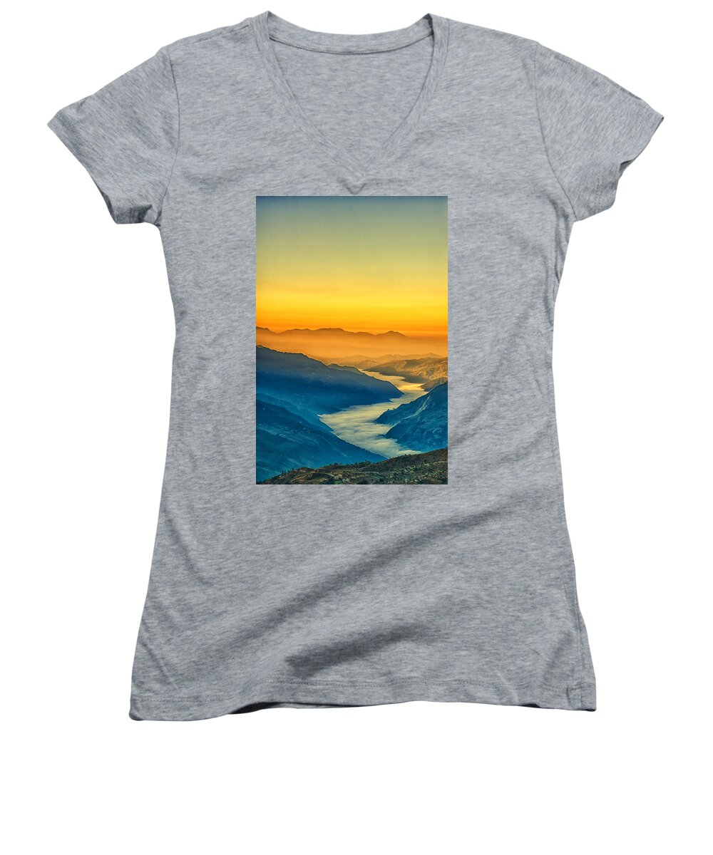 Adventure Women's V-Neck featuring the photograph Himalaya in the morning light by U Schade
