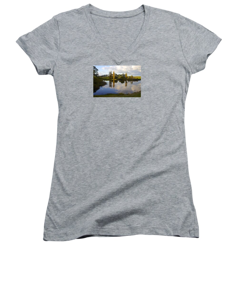 Hobbits Women's V-Neck featuring the photograph Autumn at Hobbiton Lake New Zealand by Venetia Featherstone-Witty