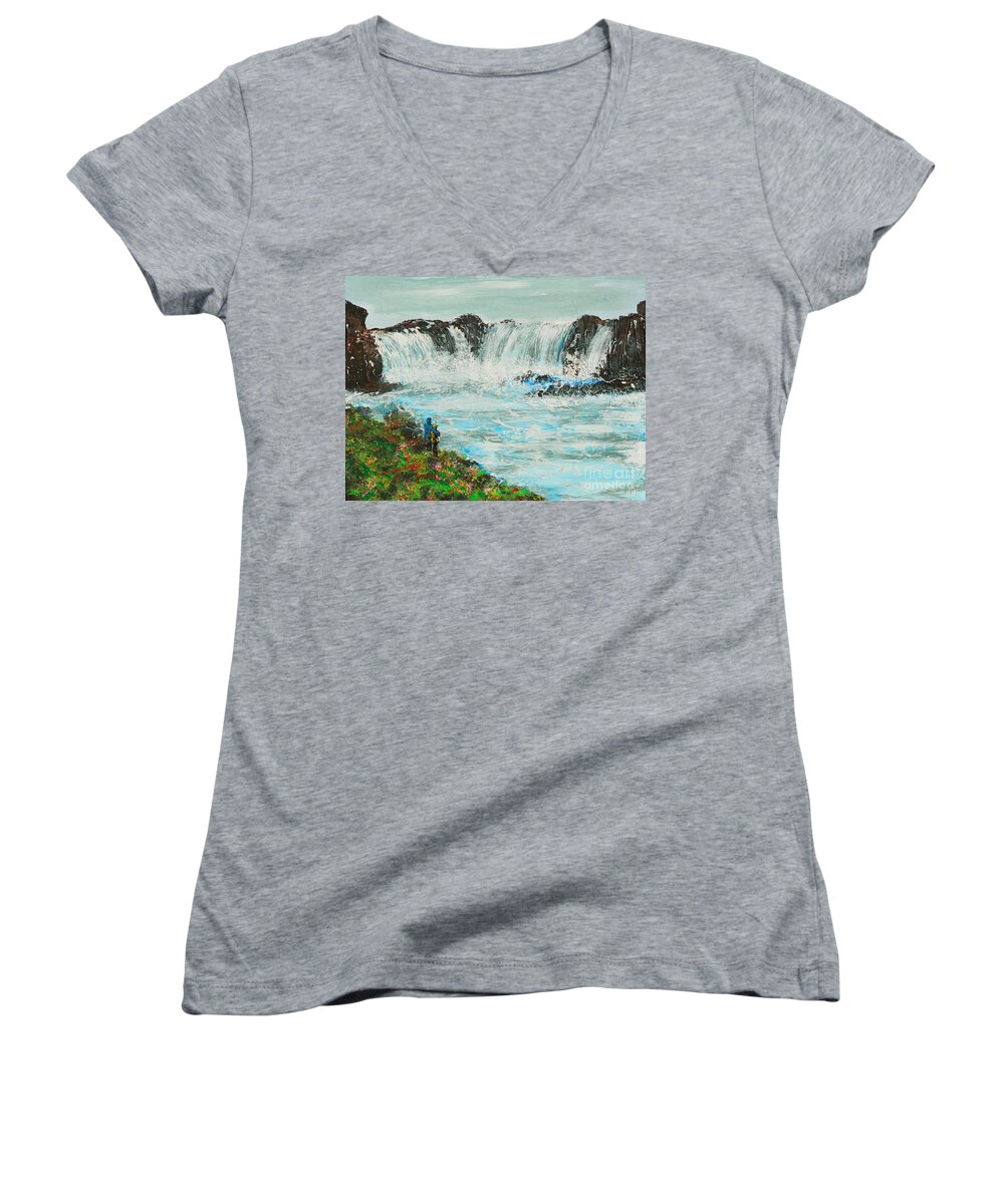 Waterfall Women's V-Neck featuring the painting Honeymoon At Godafoss by Alys Caviness-Gober