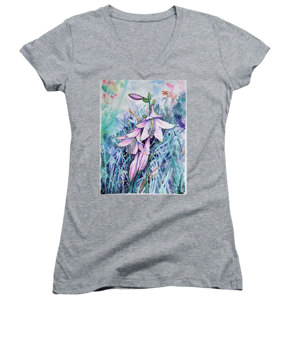 Hosta Women's V-Neck featuring the painting Hosta's in Bloom by Nicole Angell