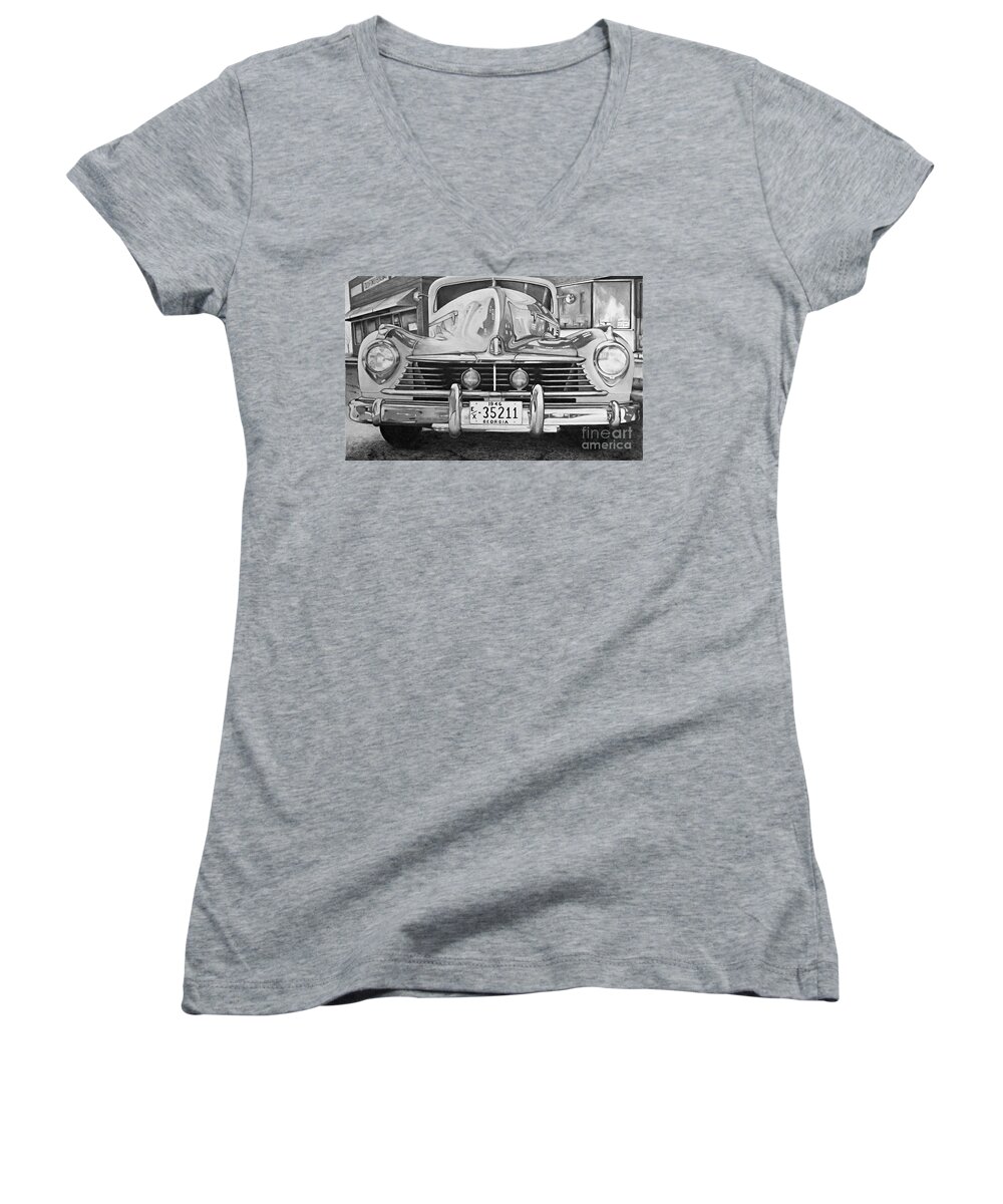Drawing Women's V-Neck featuring the drawing Hudson Dreams in Black and White by David Neace