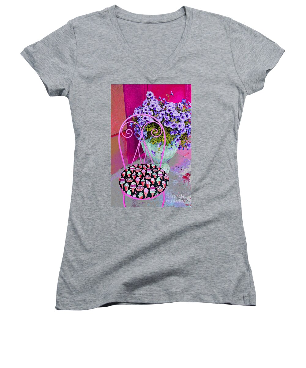 Impressionism Women's V-Neck featuring the photograph Ice Cream Cafe Chair by Nina Silver