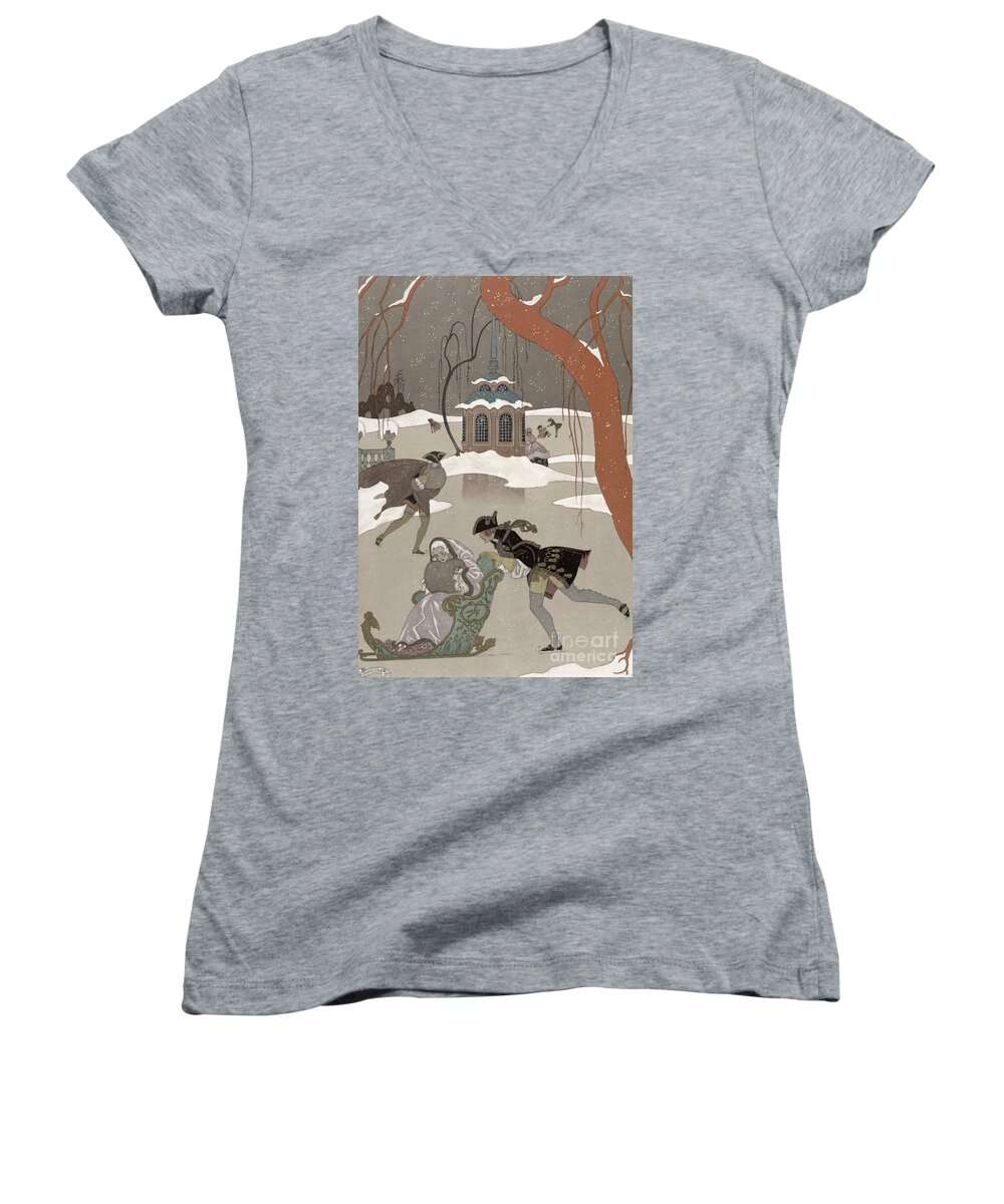 Pond Women's V-Neck featuring the painting Ice Skating on the Frozen Lake by Georges Barbier