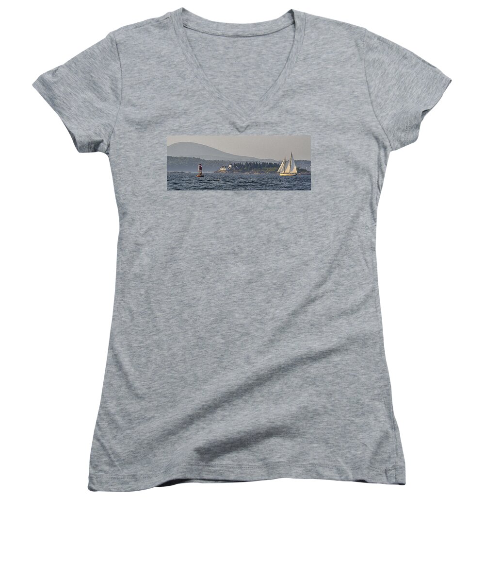Indian Island Light Women's V-Neck featuring the photograph Indian Island Lighthouse - Rockport - Maine by Marty Saccone
