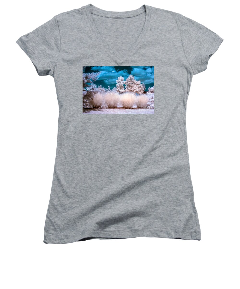 Infrared Women's V-Neck featuring the photograph Infrared Bushes by Anthony Sacco