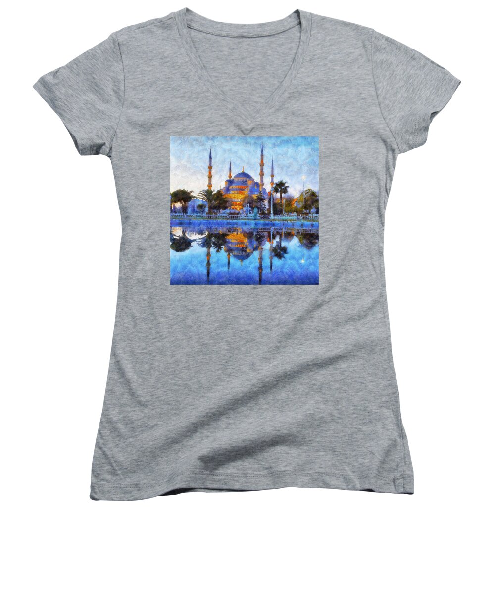 Istanbul Blue Mosque Women's V-Neck featuring the painting Istanbul Blue Mosque by Lilia S