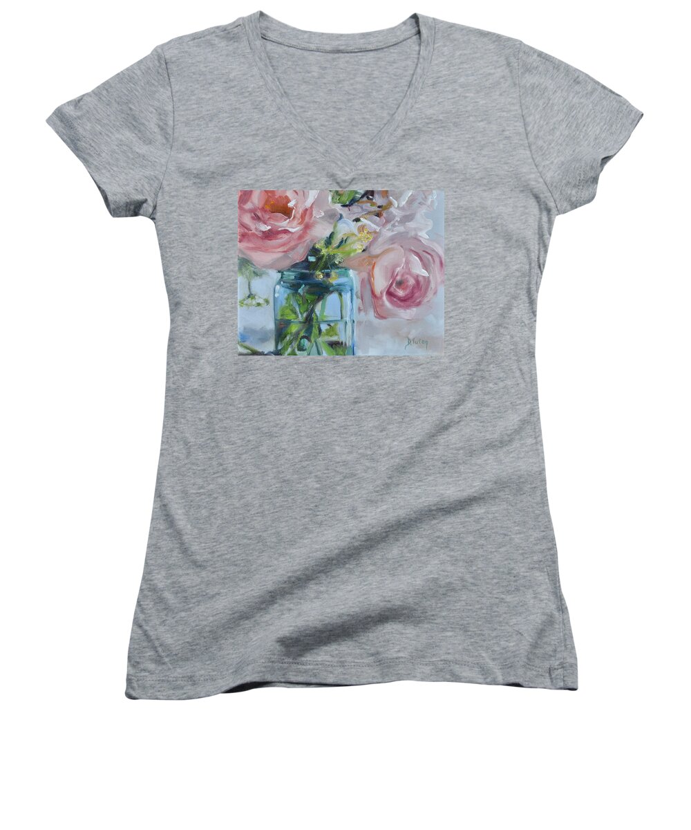 Rose Women's V-Neck featuring the painting Jar of Pink by Donna Tuten