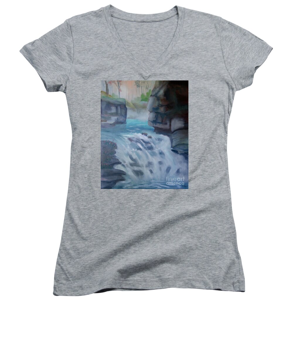 Johnston Canyon Women's V-Neck featuring the painting Johnston Canyon by Laurel Best