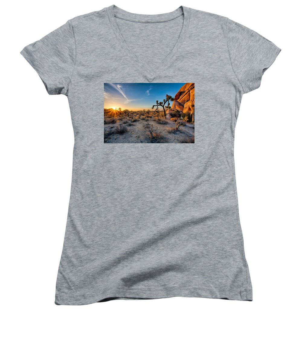 California Women's V-Neck featuring the photograph Joshua's Sunset by Peter Tellone