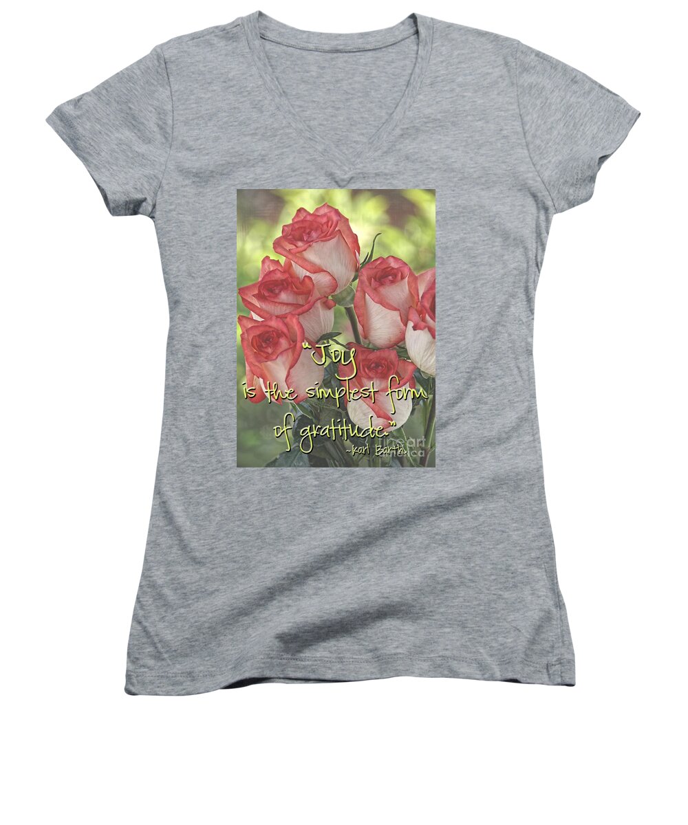 Quote Women's V-Neck featuring the photograph Joyful Gratitude by Peggy Hughes