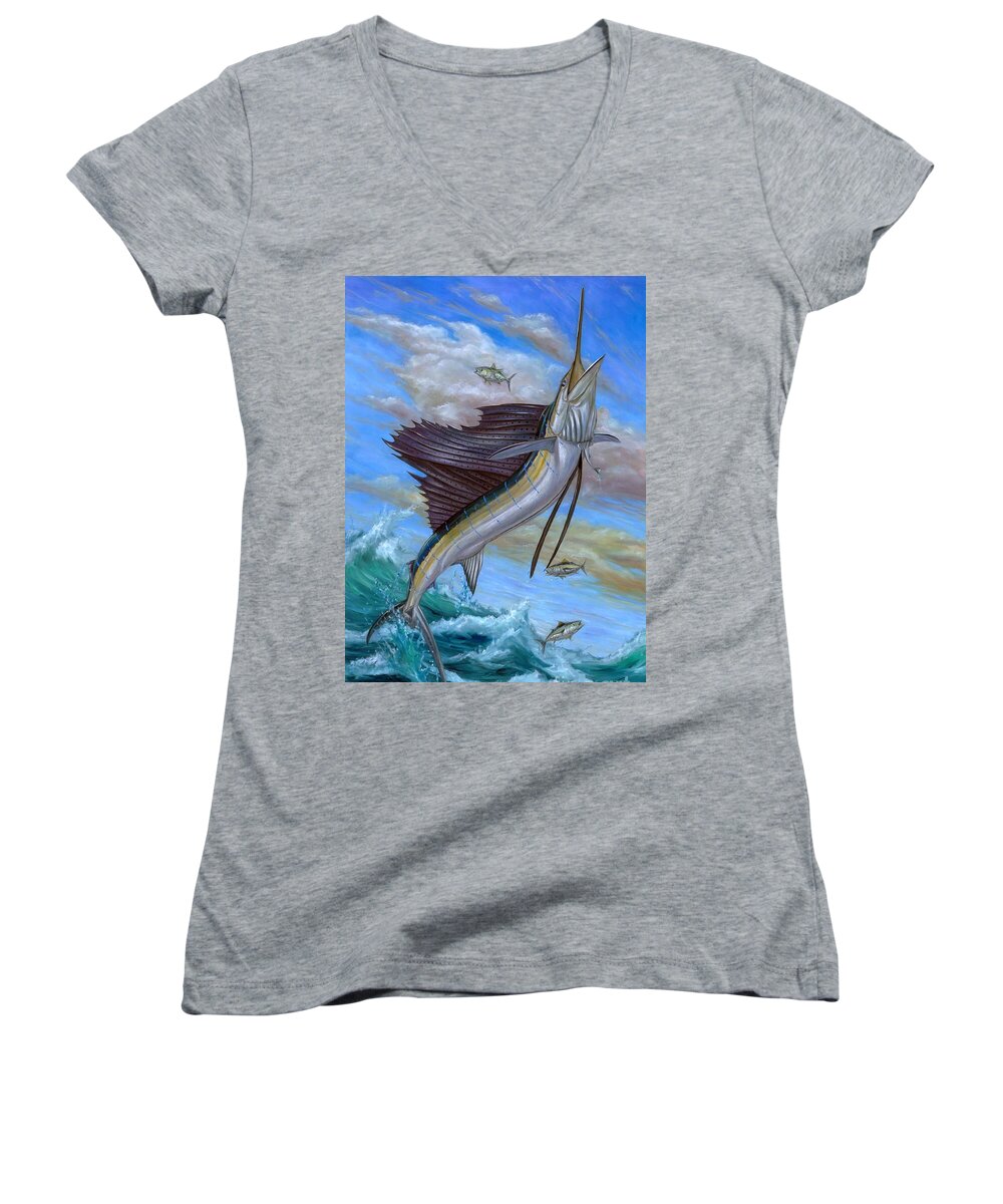 Sailfish Women's V-Neck featuring the painting Jumping Sailfish by Terry Fox