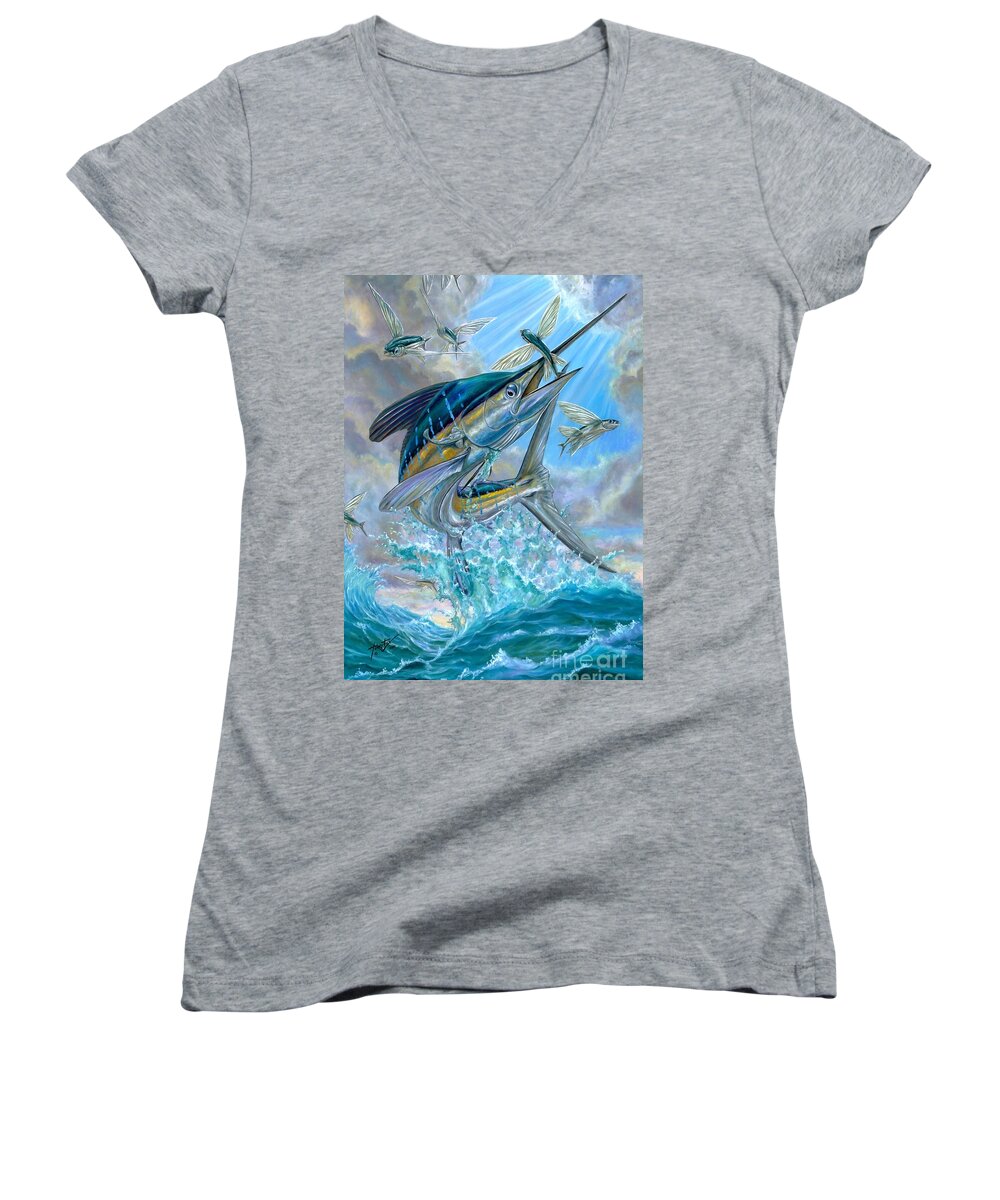 White Marlin Women's V-Neck featuring the painting Jumping White Marlin And Flying Fish by Terry Fox