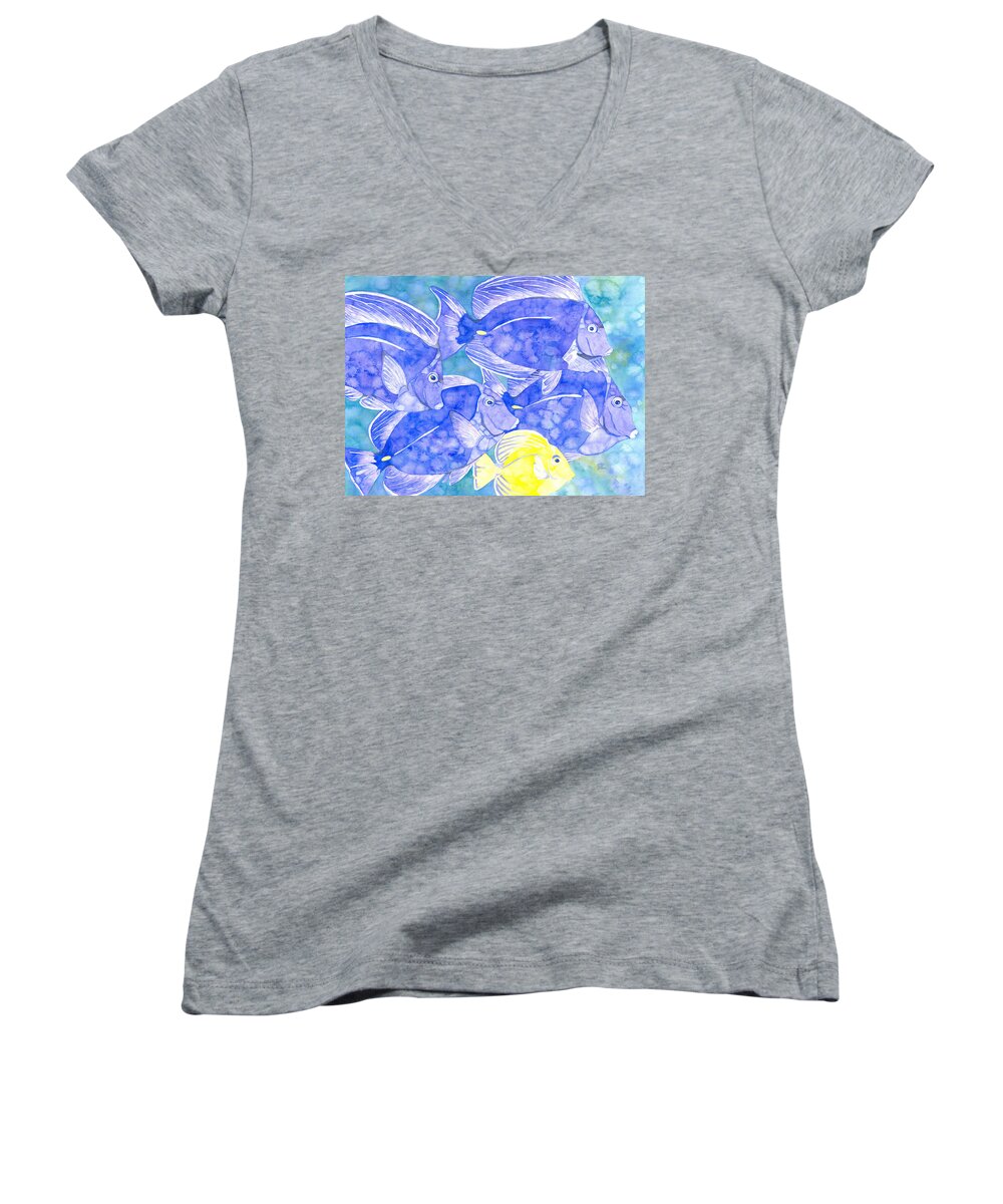 Tropical Fish Women's V-Neck featuring the painting Junior Goes To School by Pauline Walsh Jacobson