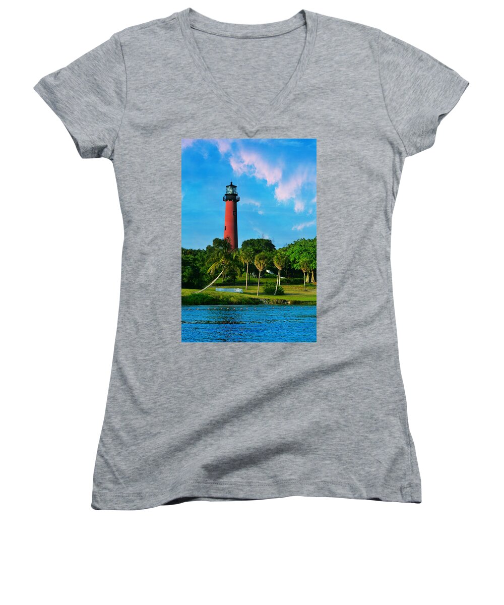 Lighthouse Women's V-Neck featuring the photograph Jupiter Florida Lighthouse by Laura Fasulo