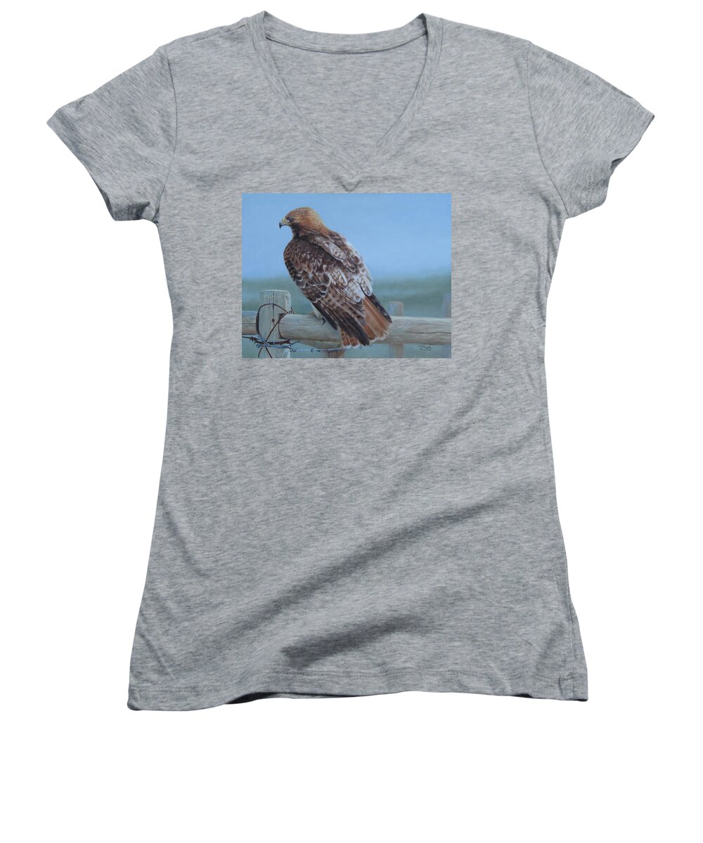 Landscape Women's V-Neck featuring the painting Kaiser's Hawk by Tammy Taylor