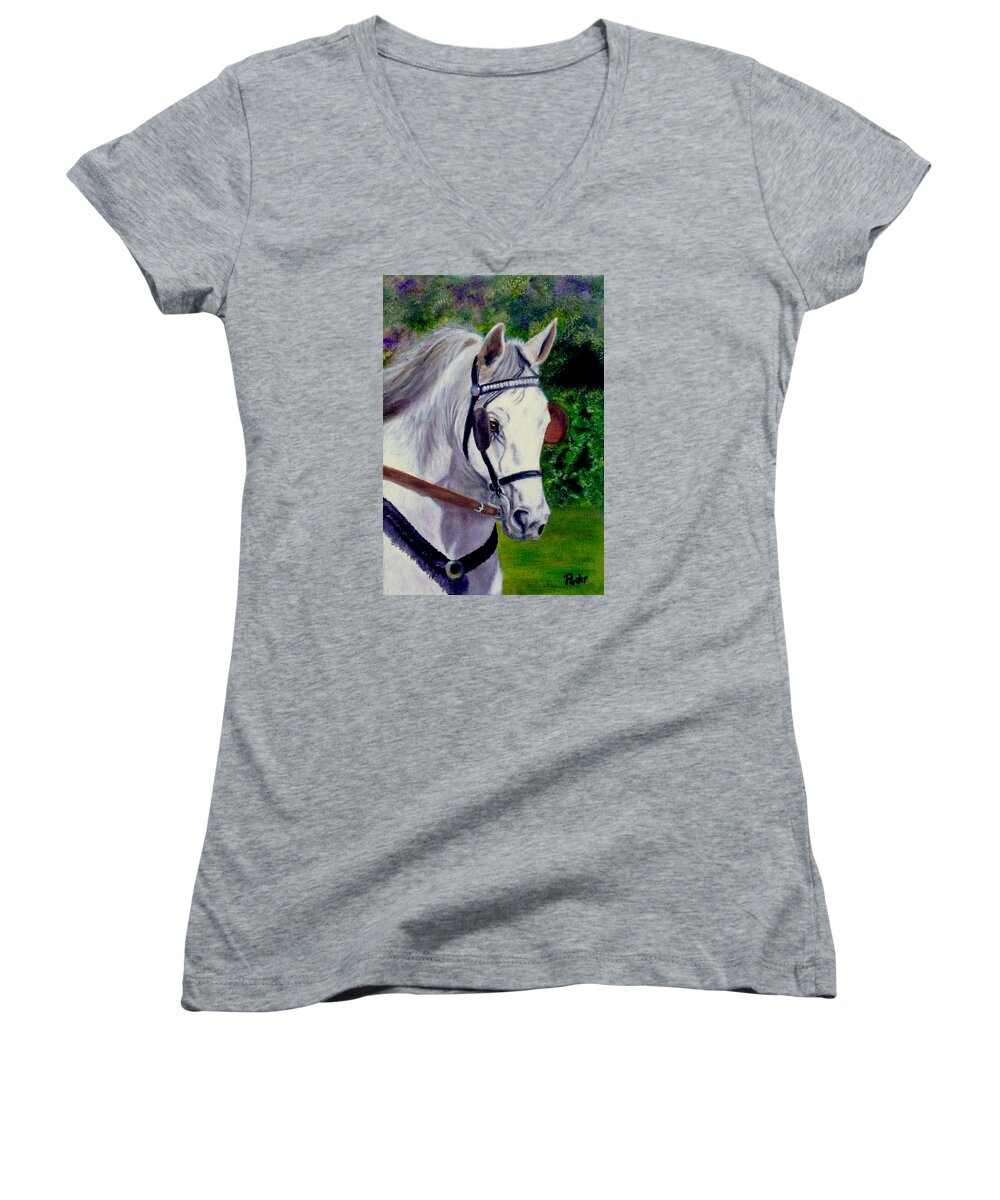 White Horse Canvas Prints Women's V-Neck featuring the painting Katies Bailey by Dr Pat Gehr