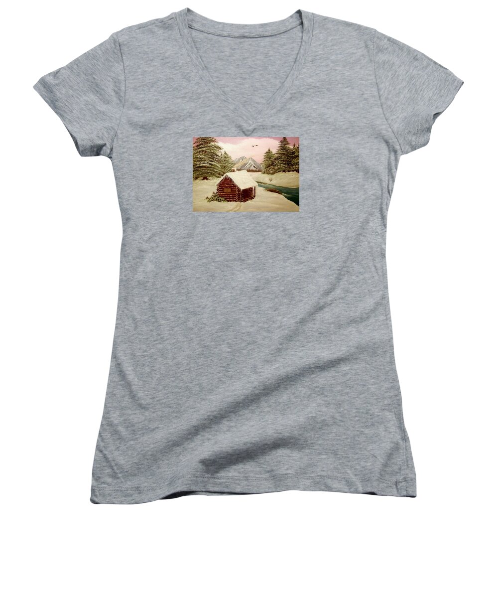 Log Cabin Women's V-Neck featuring the painting Kelly's Retreat by Sheri Keith