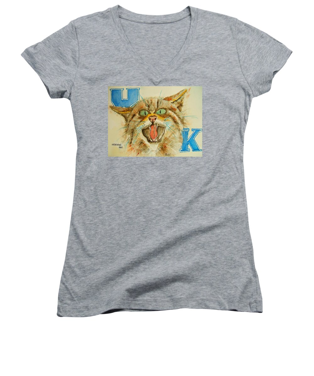 University Of Kentucky Women's V-Neck featuring the painting Kentucky Wildcats by Elaine Duras