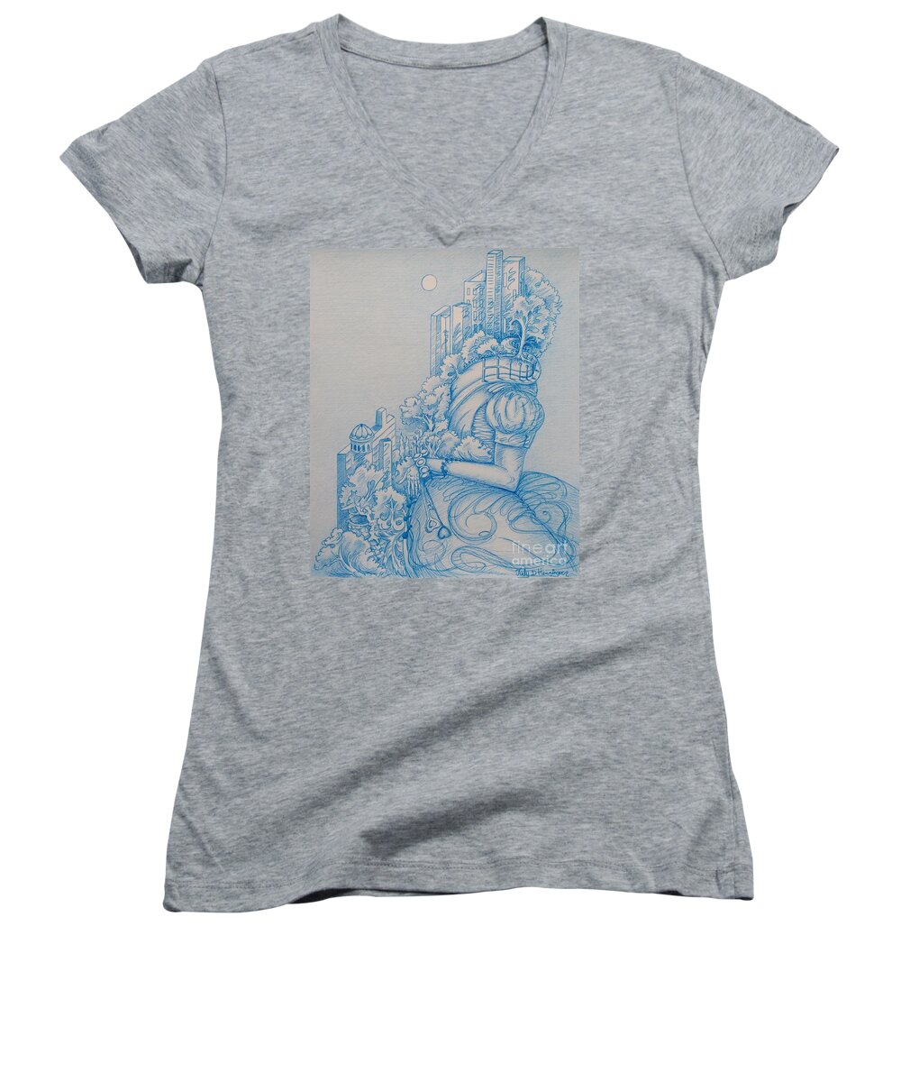 City Life Women's V-Neck featuring the drawing Keys To The City by Judy Henninger