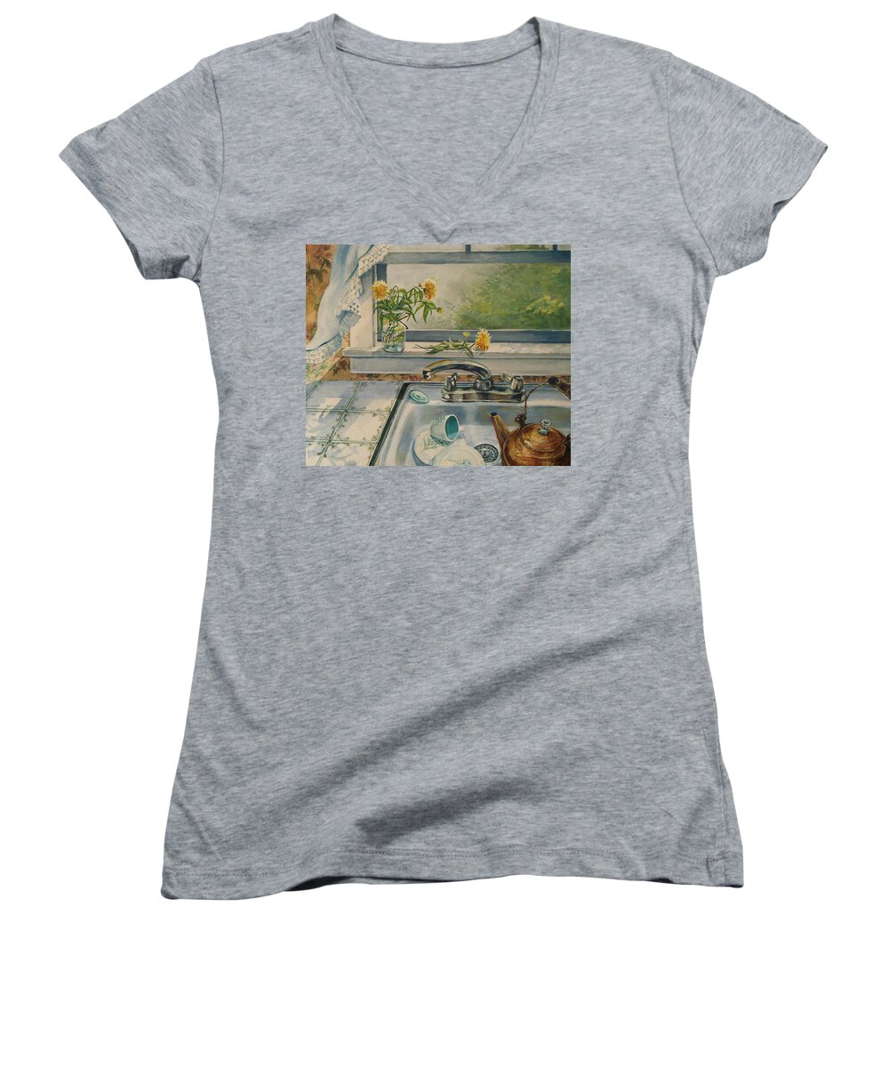  Yellow Flowers Women's V-Neck featuring the painting Kitchen Sink by Joy Nichols